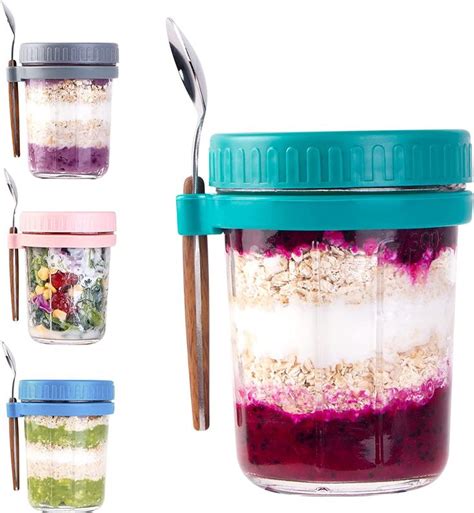 Overnight Oats Containers with Lids and Spoon, 4 Pack Mason Jars for ...