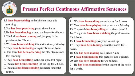 60 Sentences Example in Present Perfect Continuous Tense - Englishtivi