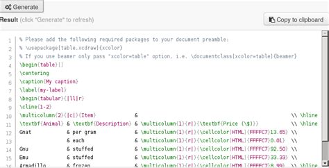 Latex Table Generator