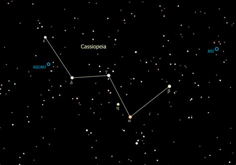 Cassiopeia. The five bright stars form a W - or an M when the constellation is on the opposite ...