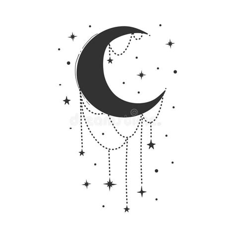 Modern symbol of the crescent moon with decorations, stylized drawing, engraving. Vector ...