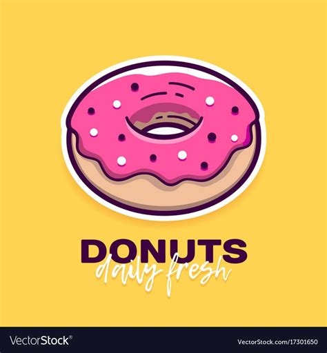 Donut with pink icing in modern flat outline style and slogan Daily Fresh. Cartoon doughnut ...