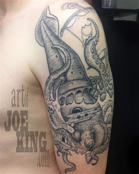 Giant squid sinking a ship by Joe King: TattooNOW