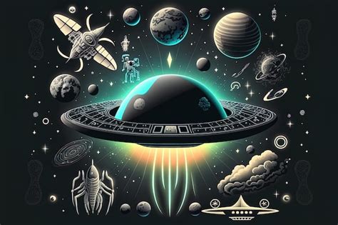 Premium AI Image | Background of an alien ufo with realistic drawing of space travel symbols