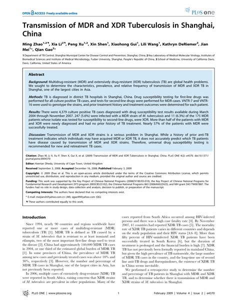 (PDF) Transmission of MDR and XDR tuberculosis in Shanghai, China