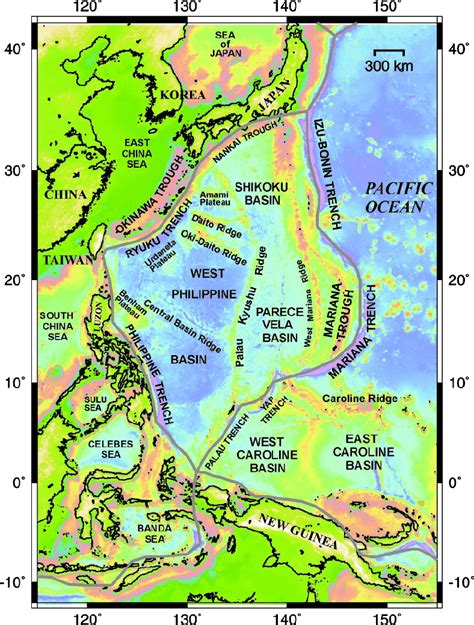 Topographic map of the Philippine Sea Basin and its surroundings. The ...