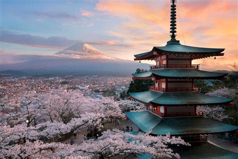 Fond d'écran : Japon, fleur de cerisier, la nature, paysage, Montagnes, Mont Fuji, bâtiment ...