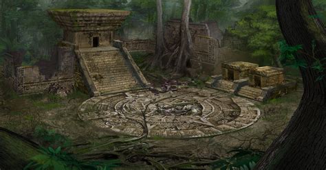 an artistic painting of a stone structure in the woods