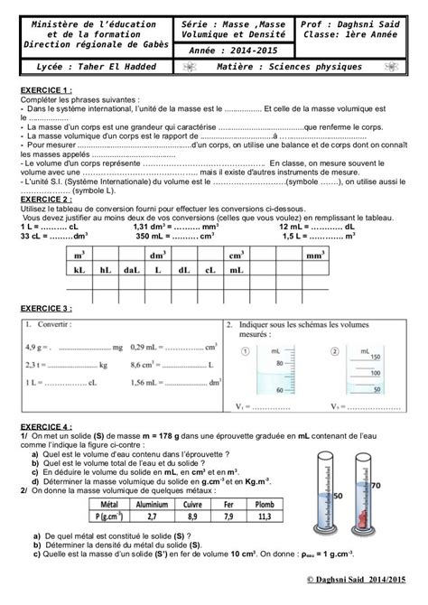 Serie masse masse volumique densité2015