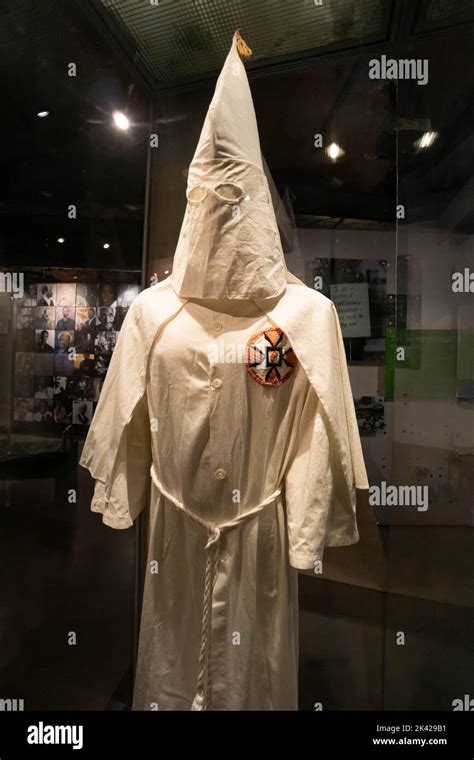 Statue of man in Ku Klux Klan hood and robe at International Slavery Museum at Royal Albert Dock ...