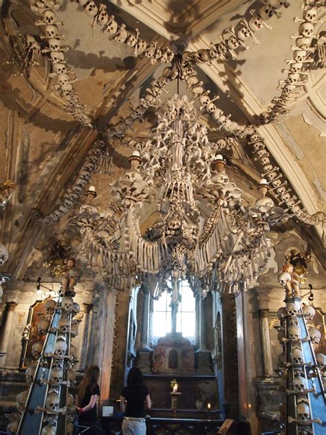 The Bone Church (Sedlec Ossuary) in Prague. Supposedly, this chandelier contains at least one of ...