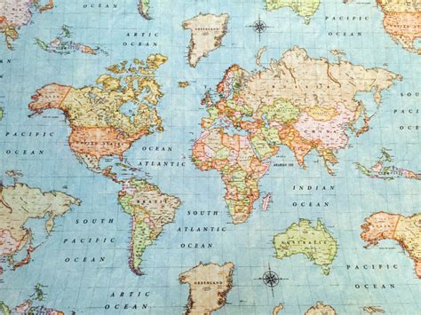 WORLD MAP 3 Designer Curtain Upholstery cotton fabric material - World Map Print Canvas - 110 ...