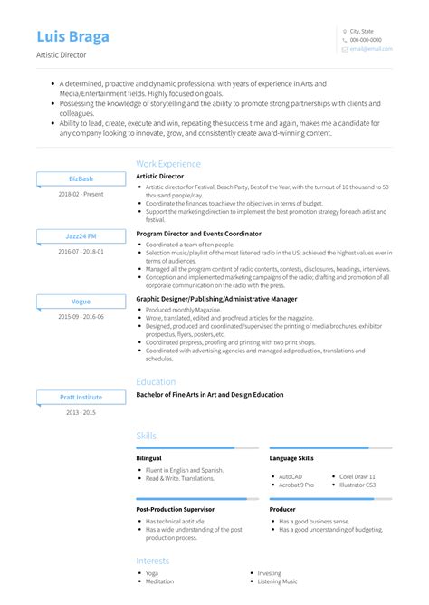 Artistic Director - Resume Samples and Templates | VisualCV