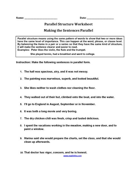 Parallel Structure Worksheets | Making Sentences Parallel Structure ...