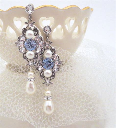 Sapphire Blue Bridal Earrings, Crystal Wedding Earrings, Pearl Wedding Jewelry, Light Blue ...