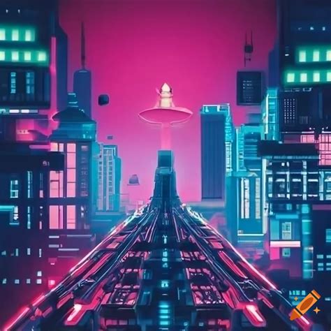 Sci-fi cityscape with vibrant neon lights and retro details on Craiyon