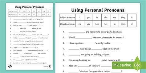 Pronouns Worksheets Pdf