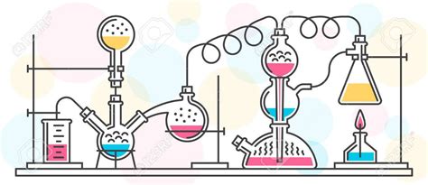 A chemical reaction consisting of flasks and tools in a chemical laboratory, performed in a line ...