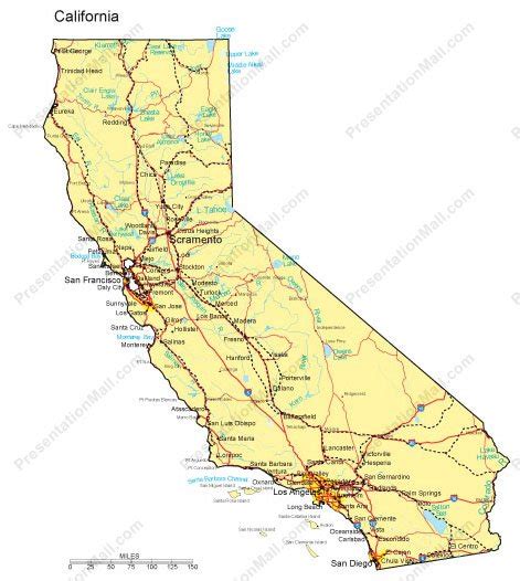 California Map - Major Cities, Roads, Railroads, Waterways - Digital Vector, Illustrator, PDF, WMF