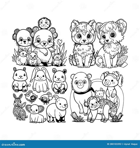 Cute Baby Animals Coloring Pages Line Art Vector Stock Photo - Image of ...