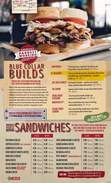 Menu of Primanti Bros. in Indianapolis, IN 46237