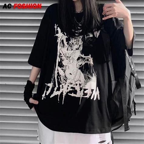 Buy Oversized T Shirt Emo Anime Goth Tshirt Women Emo Punk Harajuku ...