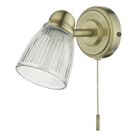 Dar Cedric Retro Bathroom Wall Light Switch Antique Brass Ribbed Glass