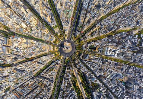 Aerial view above the arc de Triomphe, Paris, France. stock photo