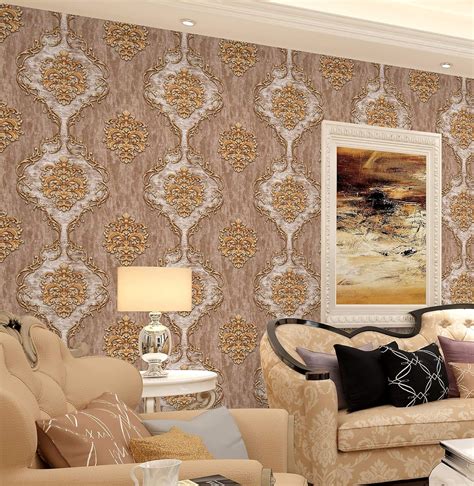 KONARK DESIGNER WALLPAPERS Modern Damask Design Wallpaper in Golden Brown Color Emboss Finish ...