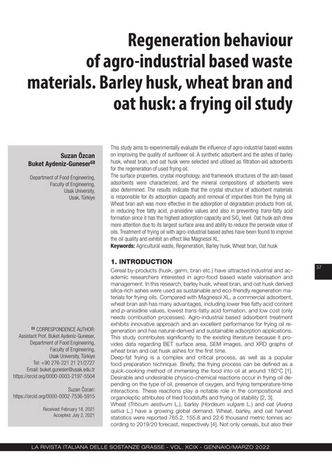 (PDF) Regeneration behaviour of agro-industrial based waste materials. Barley husk, wheat bran ...