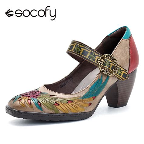 Socofy Retro Pumps Women Shoes Genuine Leather Buckle Mary Jane Shoes ...