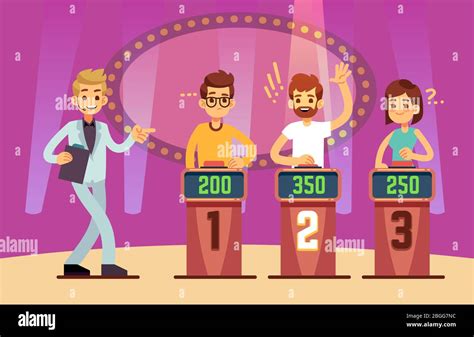 Clever young people playing quiz game show. Cartoon vector illustration. Tv competition people ...