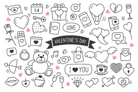 Valentine's day hand drawn doodles objects and symbols. Set of love and ...