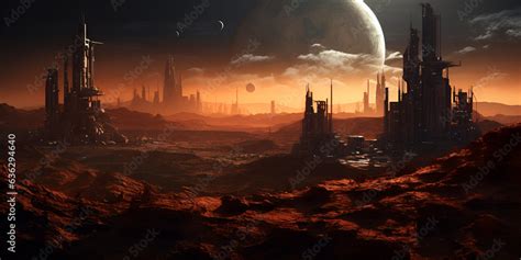 Futuristic city in night lights with galaxy planets in sky, fantasy ...