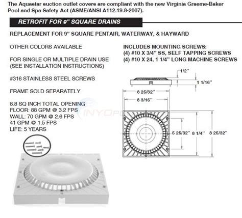 Aquastar 9" Square Drain Retrofit Parts - INYOPools.com