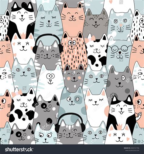 Seamless Pattern Cats Cute Cat Set Stock Vector (Royalty Free) 2020151756