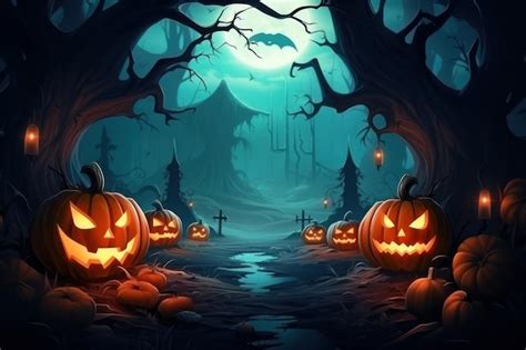 Premium AI Image | Halloween background with pumpkins in the dark forest