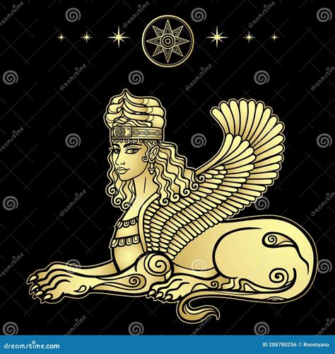 Animation Drawing: Sphinx Horned Lion With Wings, Character In Assyrian Mythology. Vector ...