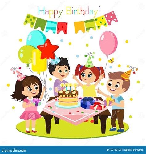 Vector Illustration of Kids Birthday Party, Colorful and Bright Decoration, Happy Children Have ...