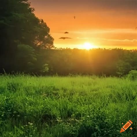 Beautiful sunset on a meadow near a leafy forest