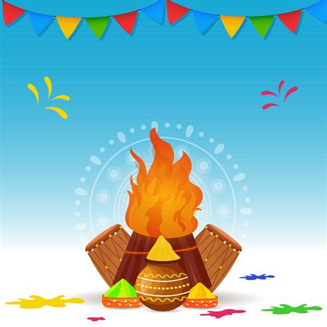 Illustration Of Bonfire With Bowls, Mud Pot Full Of Dry Color And Dhol Instruments On Blue And ...