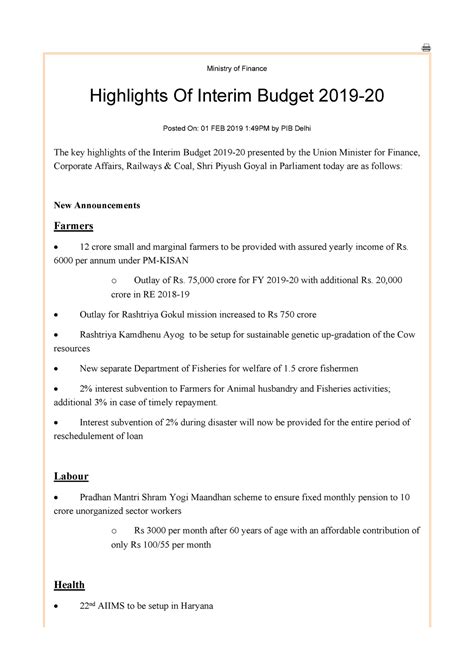 Interim Budget 2019-20 PIB Highlights - Ministry of Finance Highlights ...