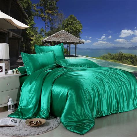 Jeefttby Soft Emerald Green Silk Satin 3pcs Bed Sheet Solid Color Double Simulation Silk Satin ...