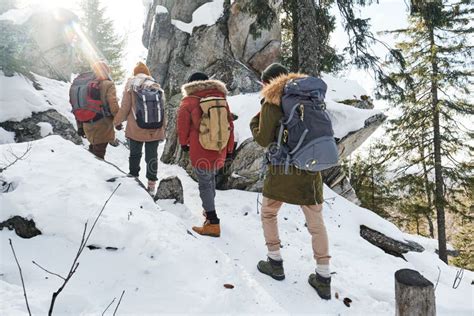 Four Young People Hiking stock photo. Image of weather - 245798802