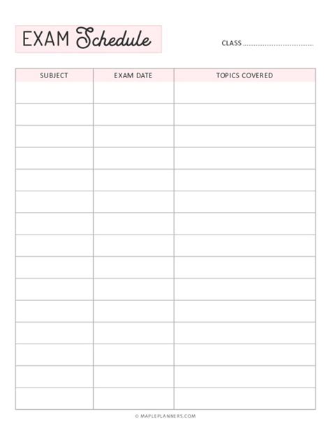 Free Printable Exam Schedule Template