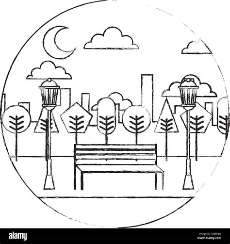 landscape night view park bench trees lamps urban round design vector illustration Stock Vector ...