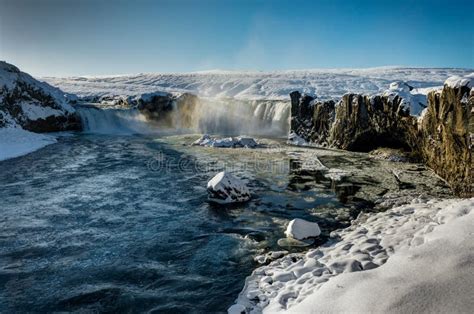 Godafoss Water Fall In Iceland During Winter Snow Frozen Blue Sk Stock ...