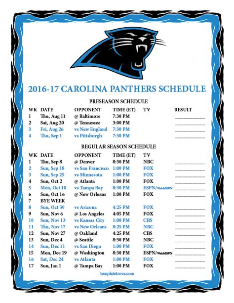 Printable 2016-2017 Carolina Panthers Schedule