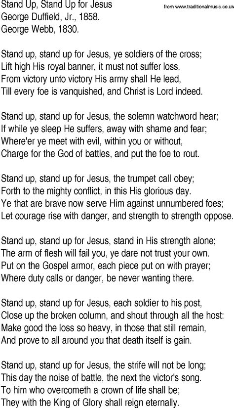 Hymn and Gospel Song Lyrics for Stand Up, Stand Up for Jesus by George ...