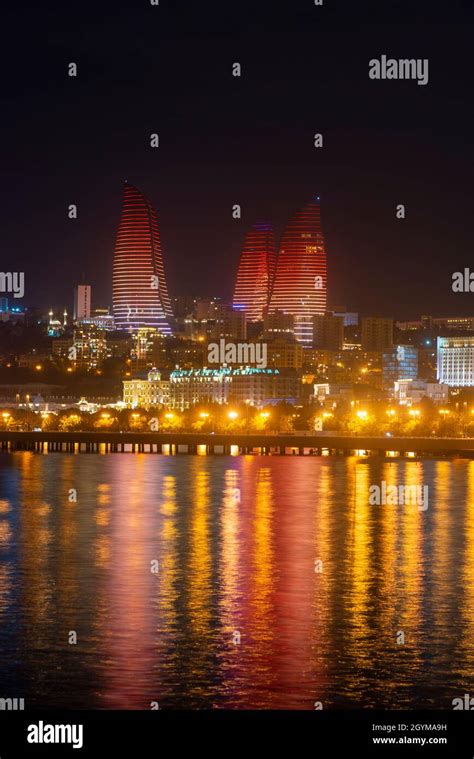 night photo of the waterfront of Baku, Azerbaijan, with the famous flame towers Stock Photo - Alamy